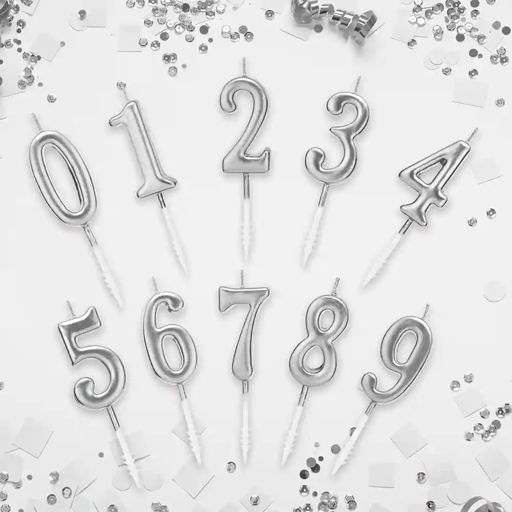 شمع عيد ميلاد لوكس ارقام من 0 الي 9 لون فضي - شراء السعادة