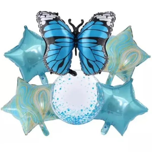 Butterfly and Star Balloon Set 6 Pieces Light Blue